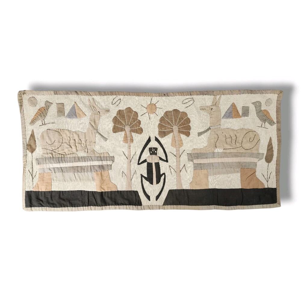 Antique Egyptian Revival Wall Quilt 1920s Hand Sewn Folk Art Anubis Dog Scarab